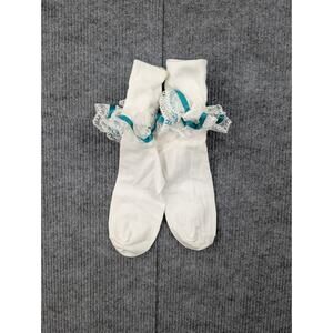Vintage Nylon Socks Women 8-9.5 Coquette Cream Teal Frilly Church Lace Y2K Event